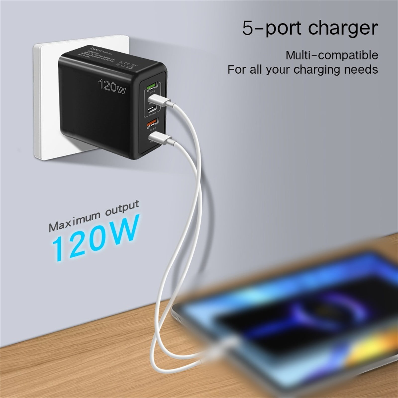 Eudgs 120W Fast Charger With 5 Ports 3PD+2USB Multiport Char