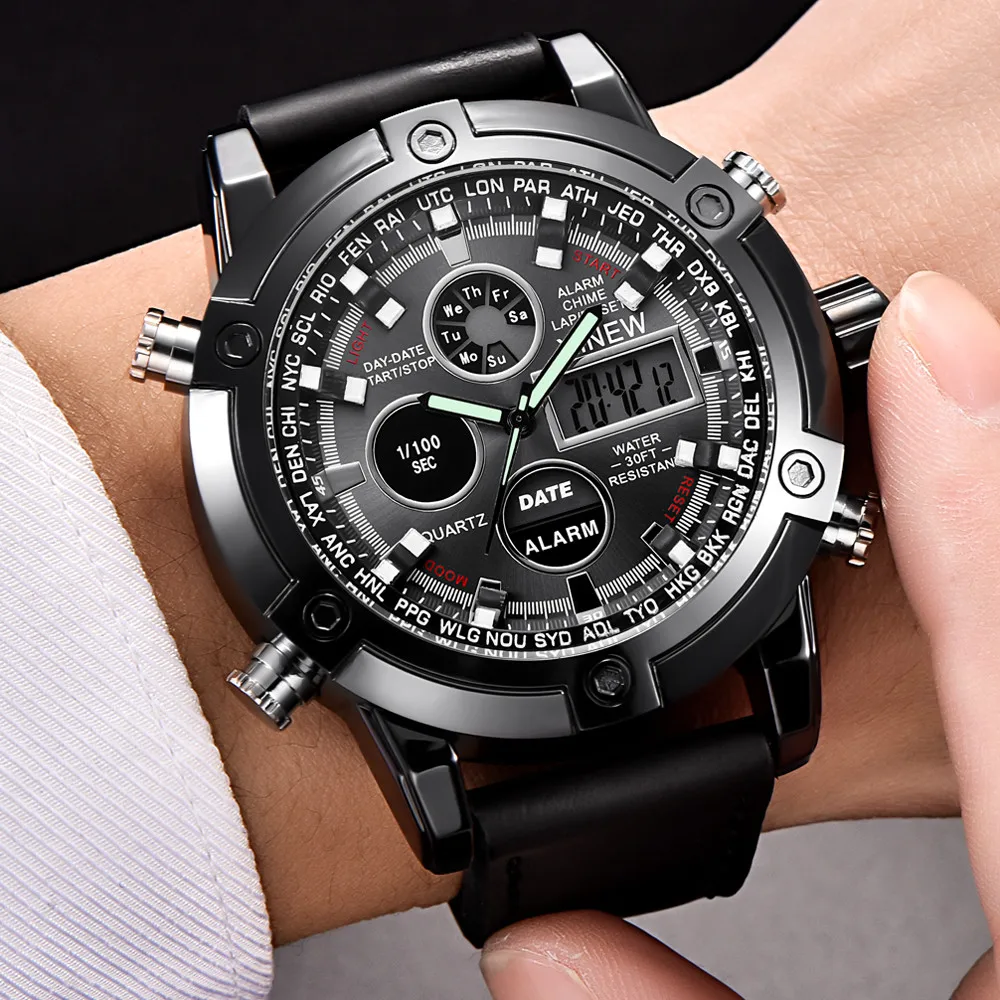Luxury Dual Movt Men's Leather Quarz Analog Digital LED Spor