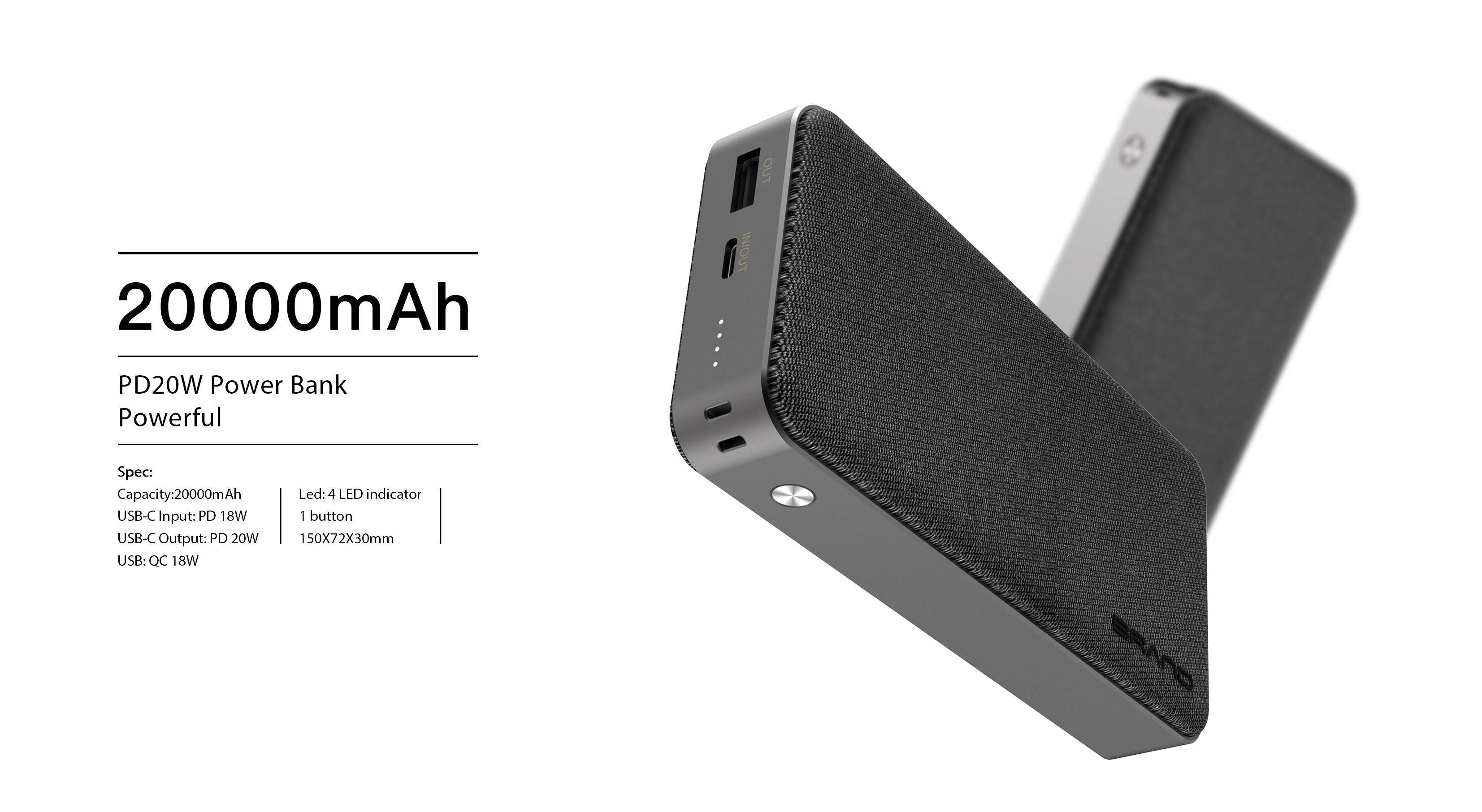 20000mah Pd 20w Portable Power Bank,usb/type C In & Out ,fou