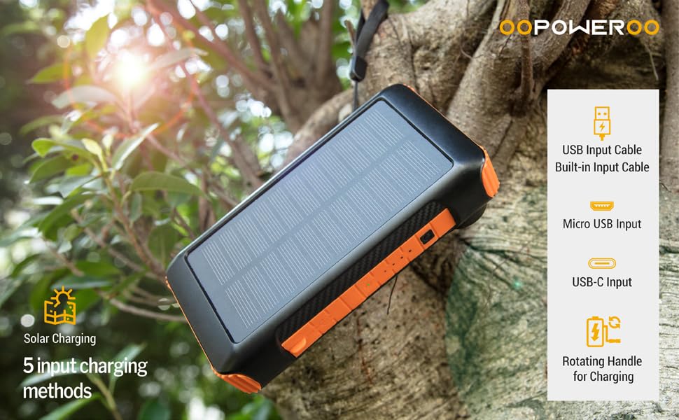 OOPOWEROO Solar Power Bank 20000mAh Built in Hand Crank and