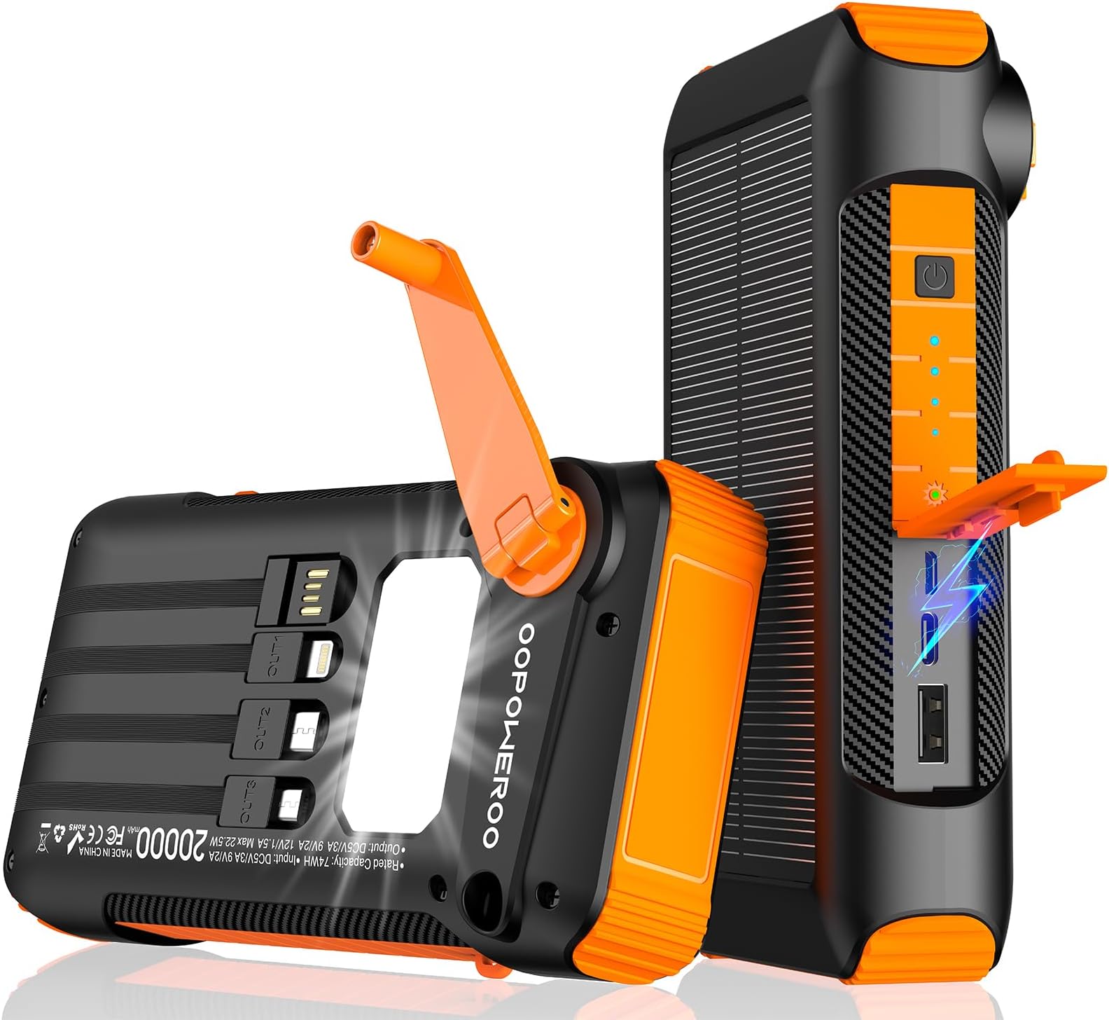 OOPOWEROO Solar Power Bank 20000mAh Built in Hand Crank and
